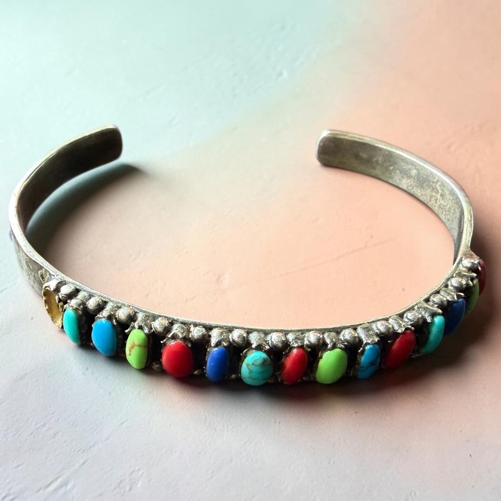 Sterling Silver Multi Color Stone Cuff Bracelet 925 Turquoise Coral Lapis Cuff